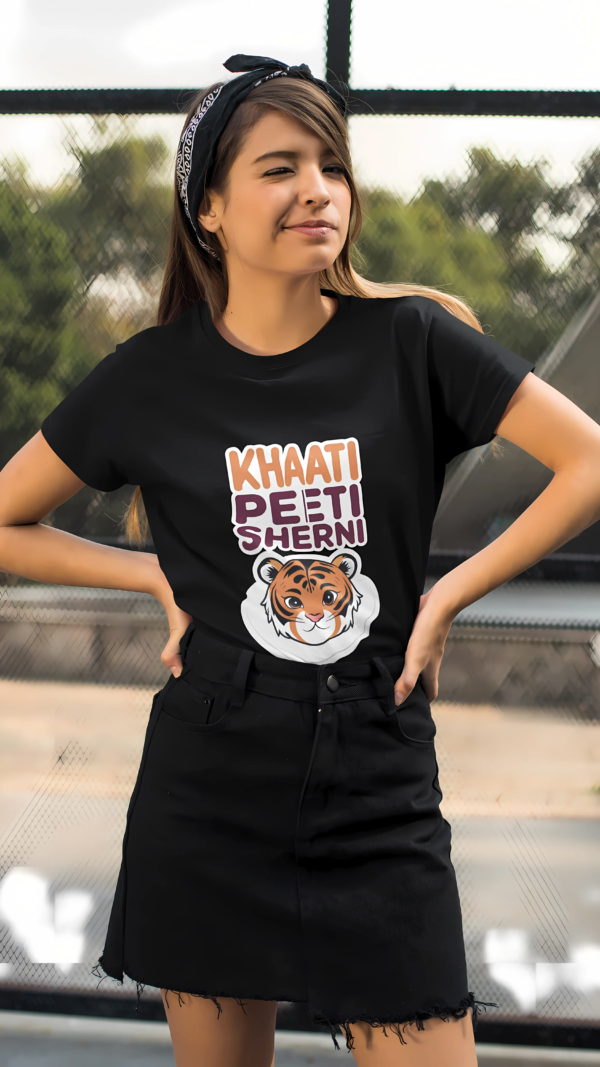 Khaati Peeti Sherni T-shirt – Bold Funny Foodie Tee for Women