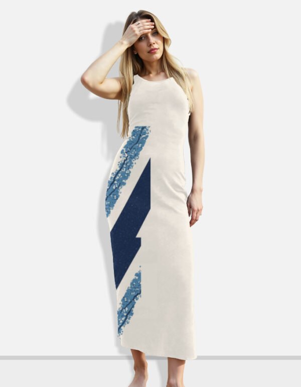 Cream Sleeveless Maxi Dress with Blue Abstract Print