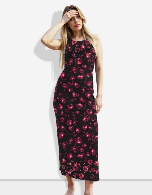 Black Sleeveless Maxi Dress with Pink Floral Print